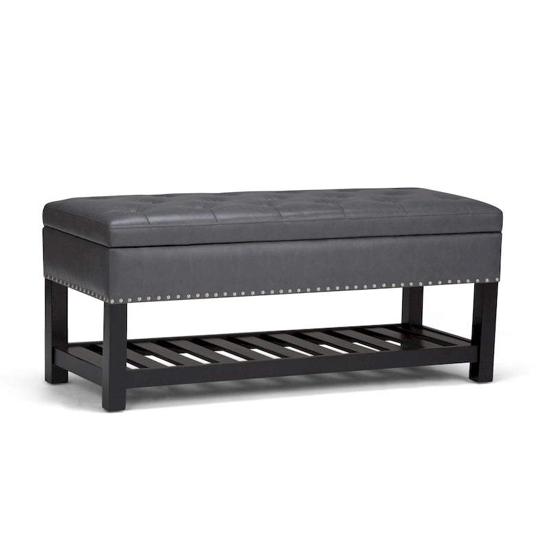 Tufted Faux Leather Storage Ottoman Bench with Open Slat Shelf