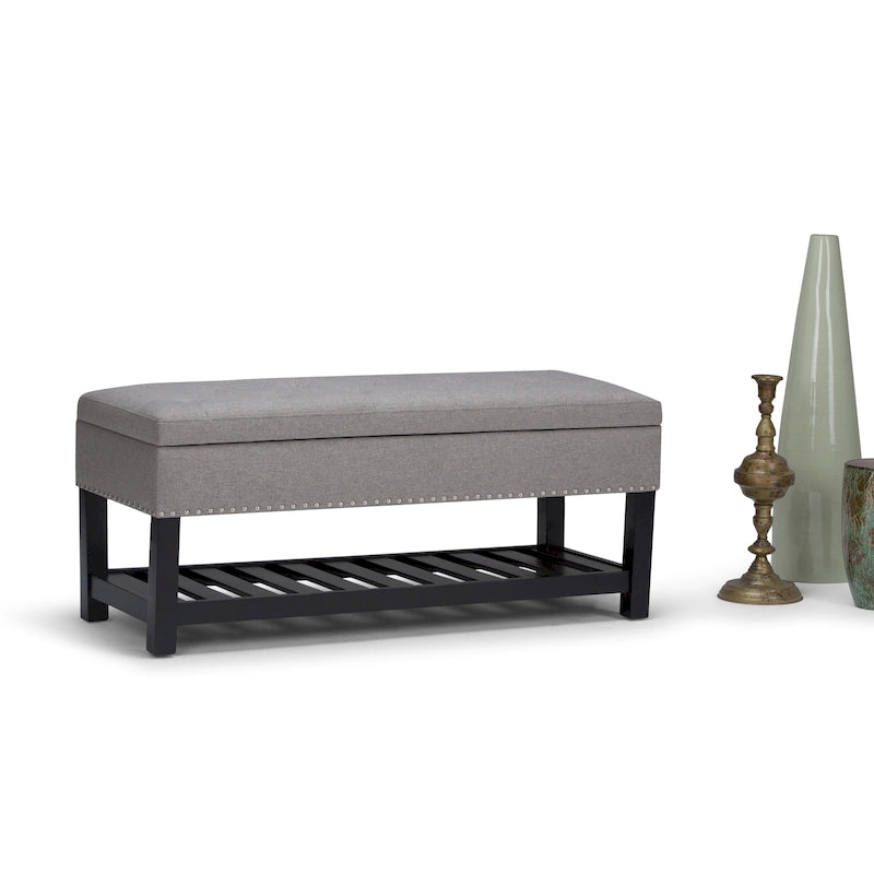 Tufted Faux Leather Storage Ottoman Bench with Open Slat Shelf