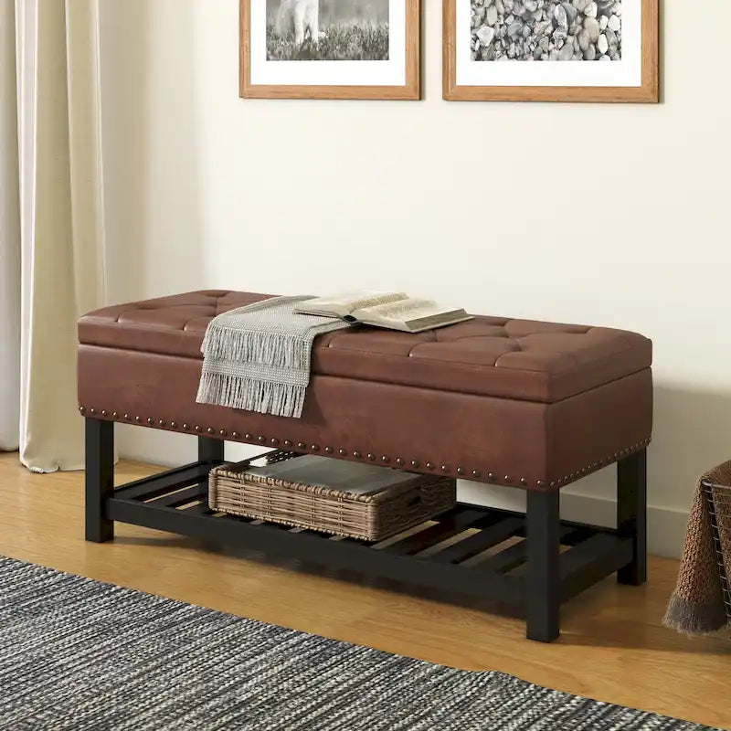 Tufted Faux Leather Storage Ottoman Bench with Open Slat Shelf