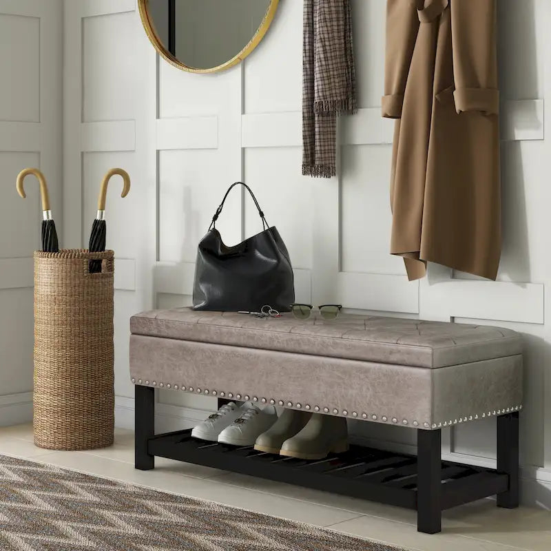 Tufted Faux Leather Storage Ottoman Bench with Open Slat Shelf