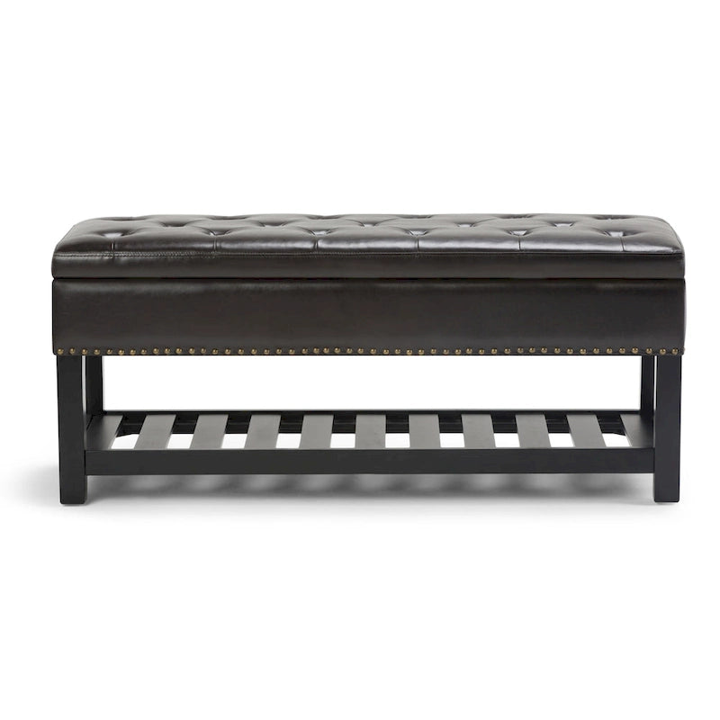 Tufted Faux Leather Storage Ottoman Bench with Open Slat Shelf