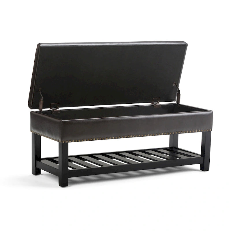 Tufted Faux Leather Storage Ottoman Bench with Open Slat Shelf