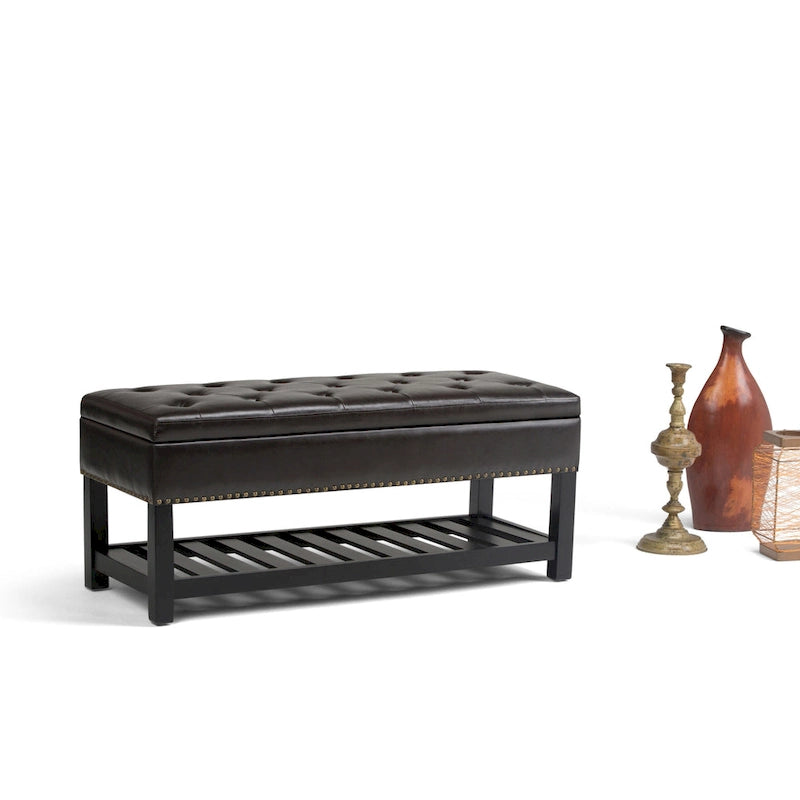 Tufted Faux Leather Storage Ottoman Bench with Open Slat Shelf