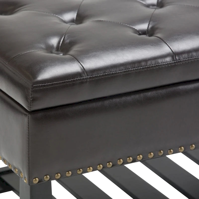 Tufted Faux Leather Storage Ottoman Bench with Open Slat Shelf