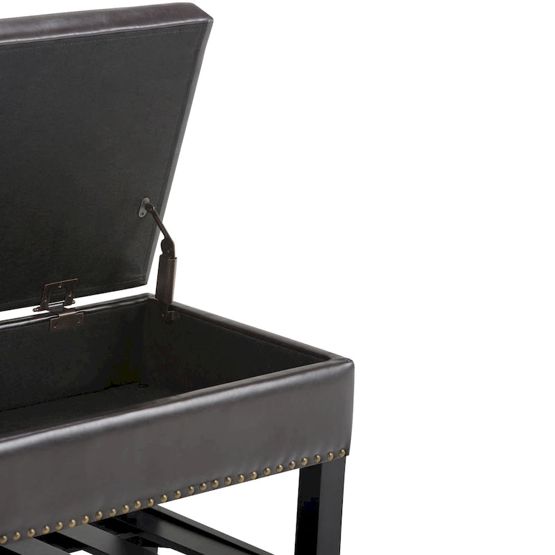 Tufted Faux Leather Storage Ottoman Bench with Open Slat Shelf