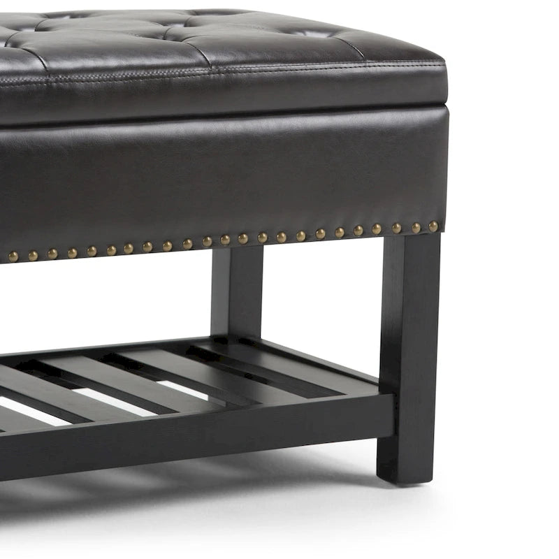 Tufted Faux Leather Storage Ottoman Bench with Open Slat Shelf