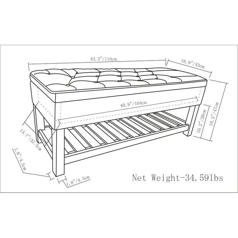 Tufted Faux Leather Storage Ottoman Bench with Open Slat Shelf