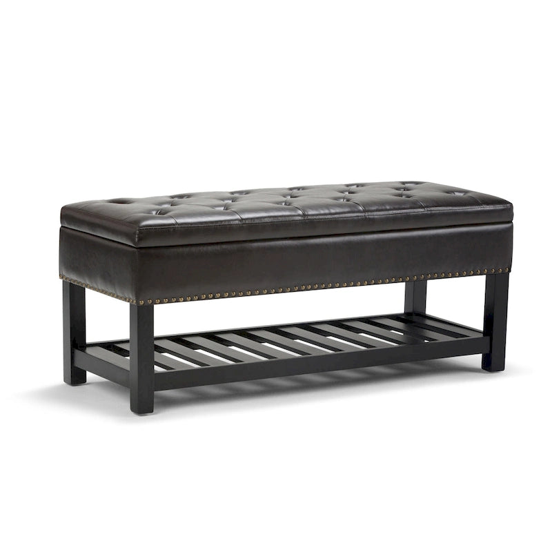 Tufted Faux Leather Storage Ottoman Bench with Open Slat Shelf