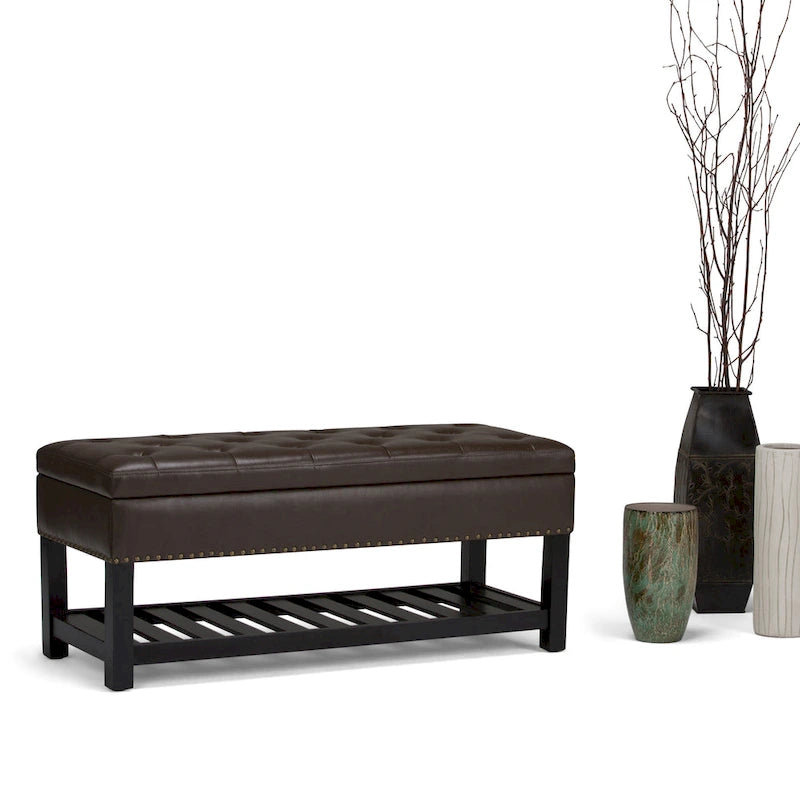 Tufted Faux Leather Storage Ottoman Bench with Open Slat Shelf