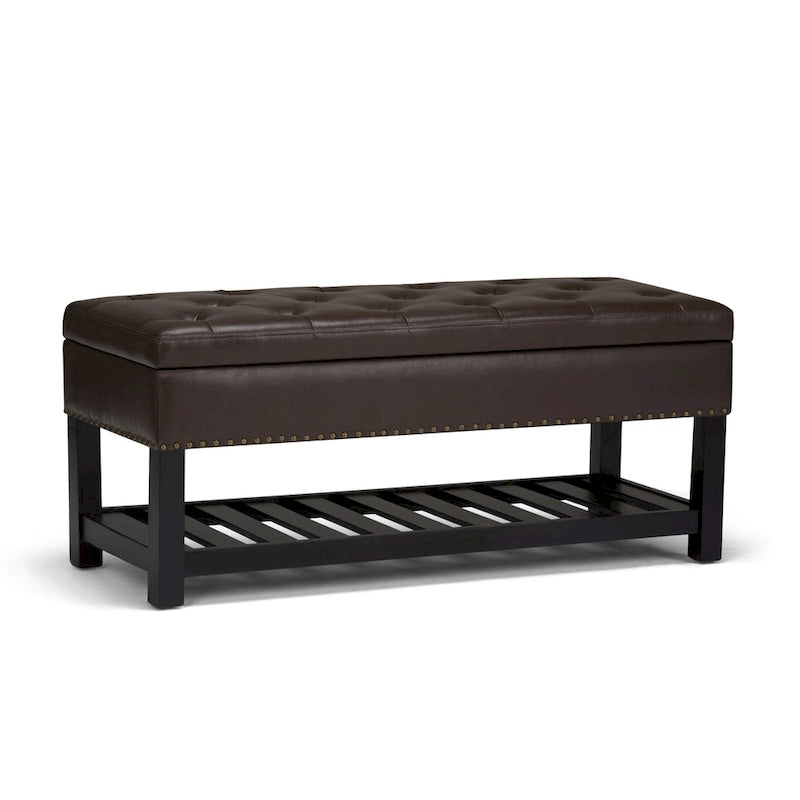 Tufted Faux Leather Storage Ottoman Bench with Open Slat Shelf