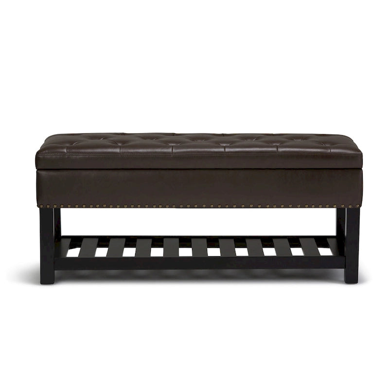 Tufted Faux Leather Storage Ottoman Bench with Open Slat Shelf