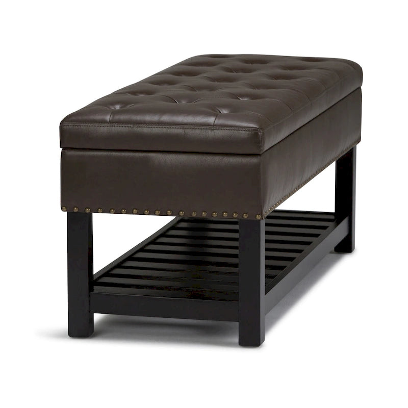 Tufted Faux Leather Storage Ottoman Bench with Open Slat Shelf