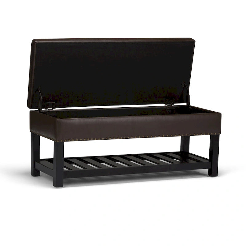 Tufted Faux Leather Storage Ottoman Bench with Open Slat Shelf