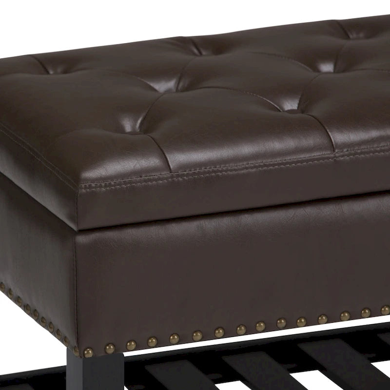 Tufted Faux Leather Storage Ottoman Bench with Open Slat Shelf