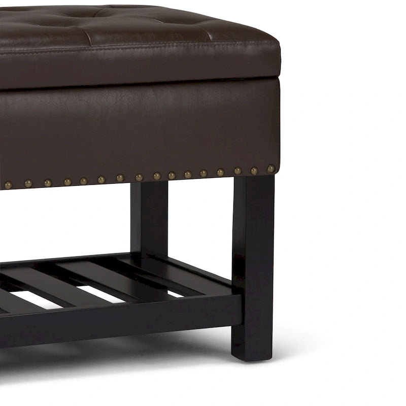 Tufted Faux Leather Storage Ottoman Bench with Open Slat Shelf