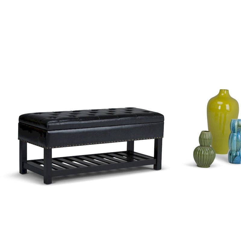 Tufted Faux Leather Storage Ottoman Bench with Open Slat Shelf