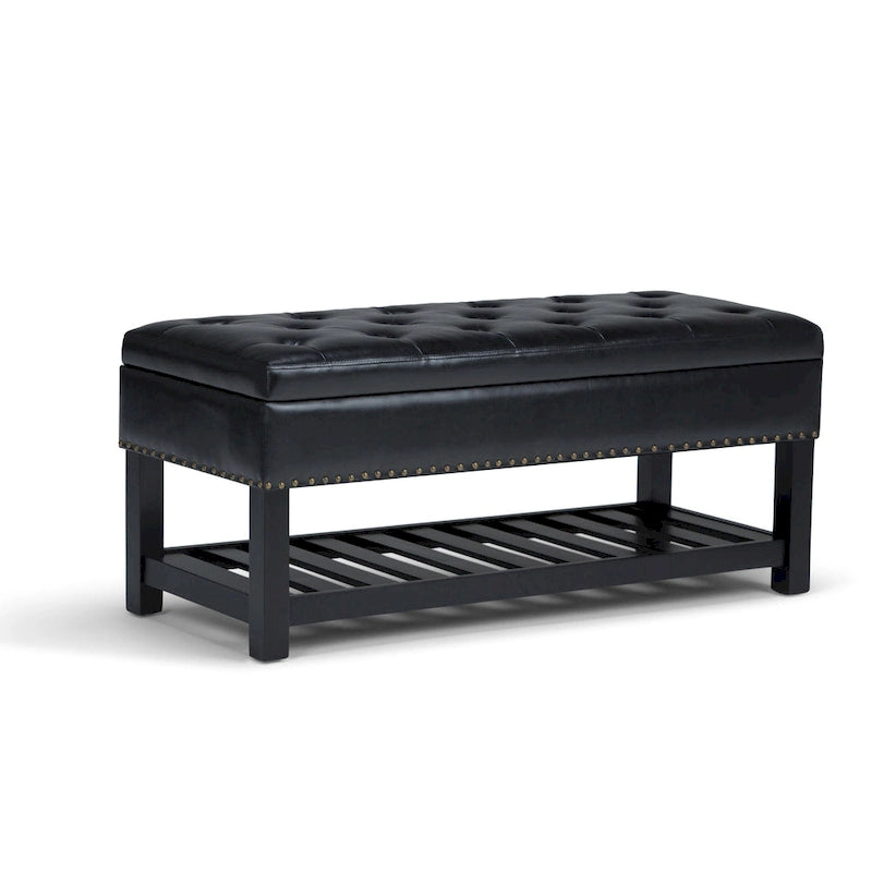 Tufted Faux Leather Storage Ottoman Bench with Open Slat Shelf