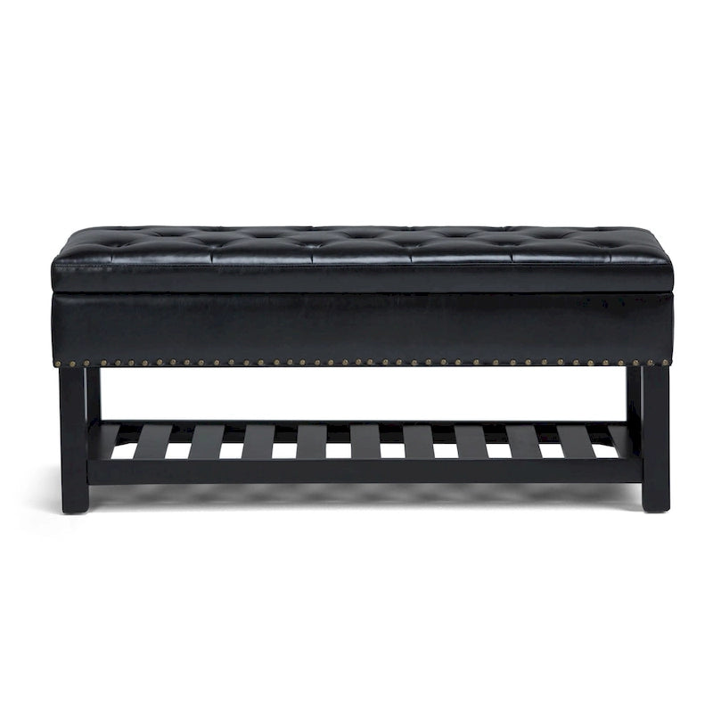 Tufted Faux Leather Storage Ottoman Bench with Open Slat Shelf