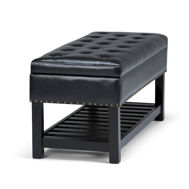 Tufted Faux Leather Storage Ottoman Bench with Open Slat Shelf