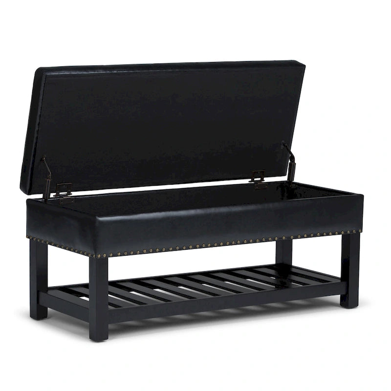 Tufted Faux Leather Storage Ottoman Bench with Open Slat Shelf