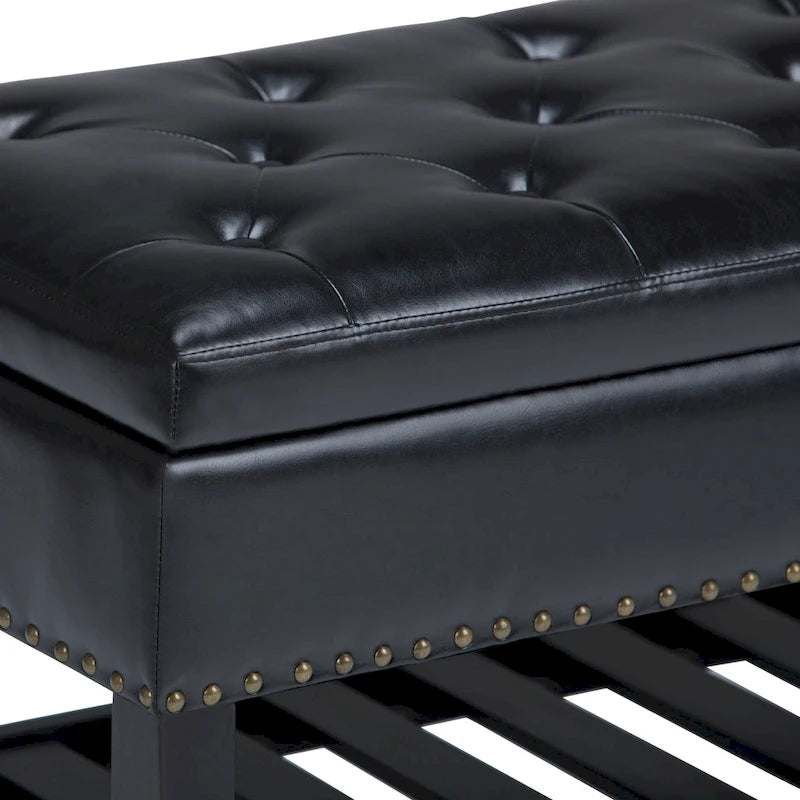 Tufted Faux Leather Storage Ottoman Bench with Open Slat Shelf