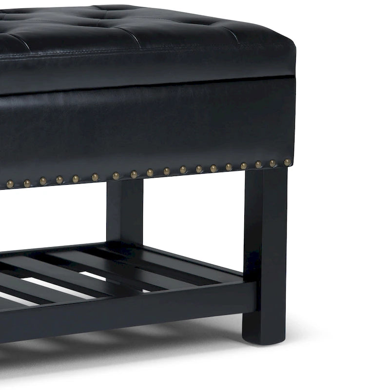 Tufted Faux Leather Storage Ottoman Bench with Open Slat Shelf