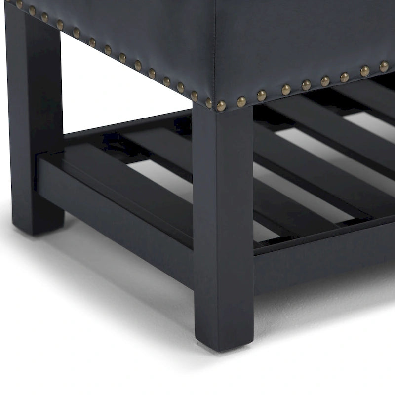 Tufted Faux Leather Storage Ottoman Bench with Open Slat Shelf
