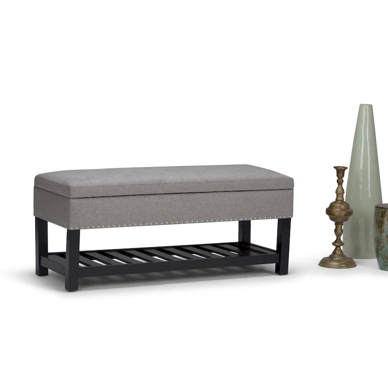 Tufted Faux Leather Storage Ottoman Bench with Open Slat Shelf