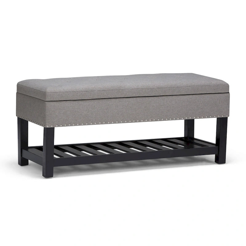 Tufted Faux Leather Storage Ottoman Bench with Open Slat Shelf