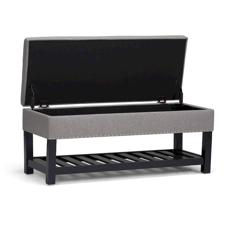 Tufted Faux Leather Storage Ottoman Bench with Open Slat Shelf