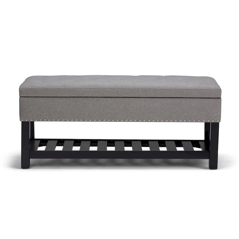 Tufted Faux Leather Storage Ottoman Bench with Open Slat Shelf