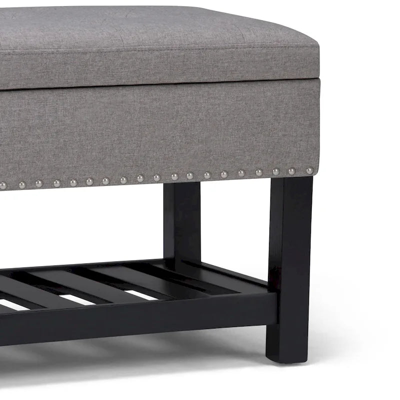 Tufted Faux Leather Storage Ottoman Bench with Open Slat Shelf