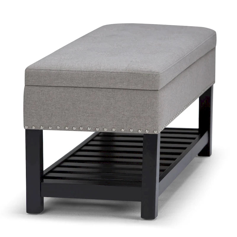 Tufted Faux Leather Storage Ottoman Bench with Open Slat Shelf