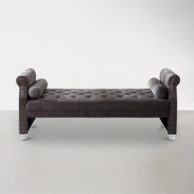 Rolled Arm Button Tufted Velvet Chaise Lounge with Nailhead Trim Grey