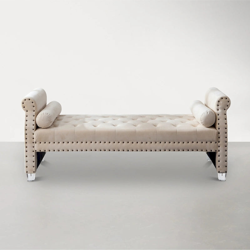 Rolled Arm Button Tufted Velvet Chaise Lounge with Nailhead Trim Grey
