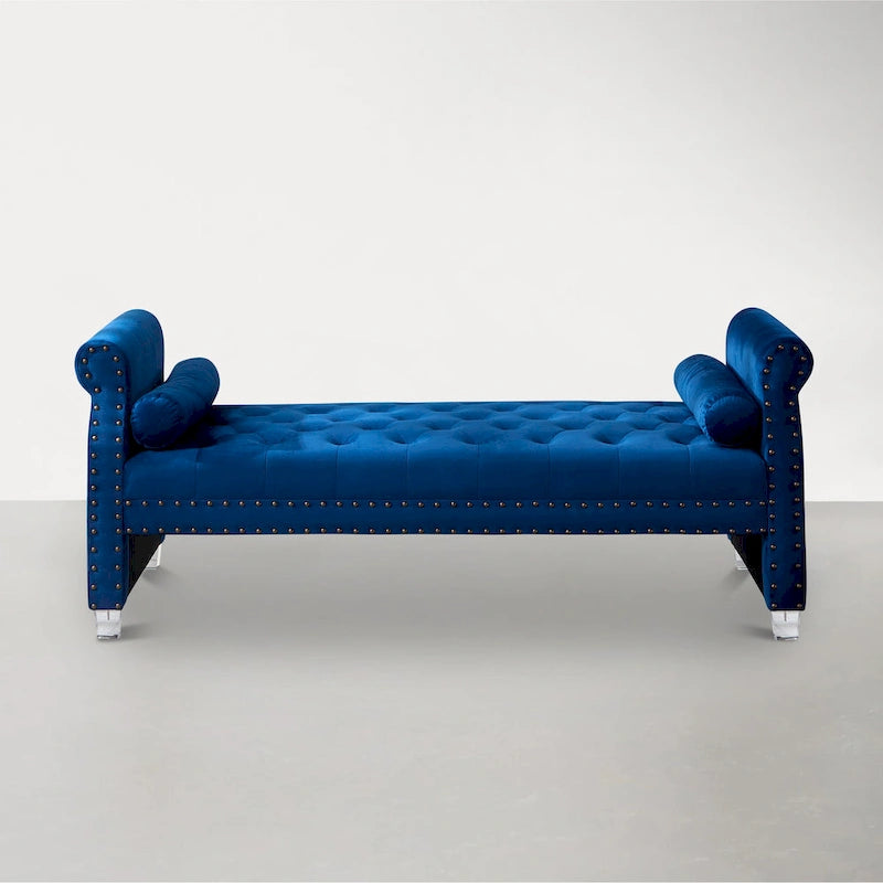 Rolled Arm Button Tufted Velvet Chaise Lounge with Nailhead Trim Grey