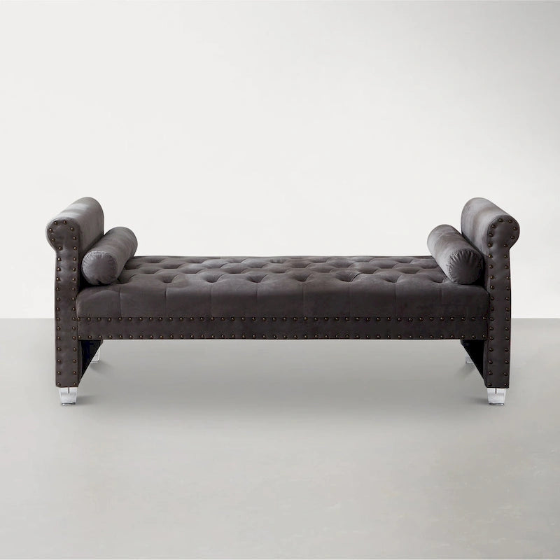 Rolled Arm Button Tufted Velvet Chaise Lounge with Nailhead Trim Grey