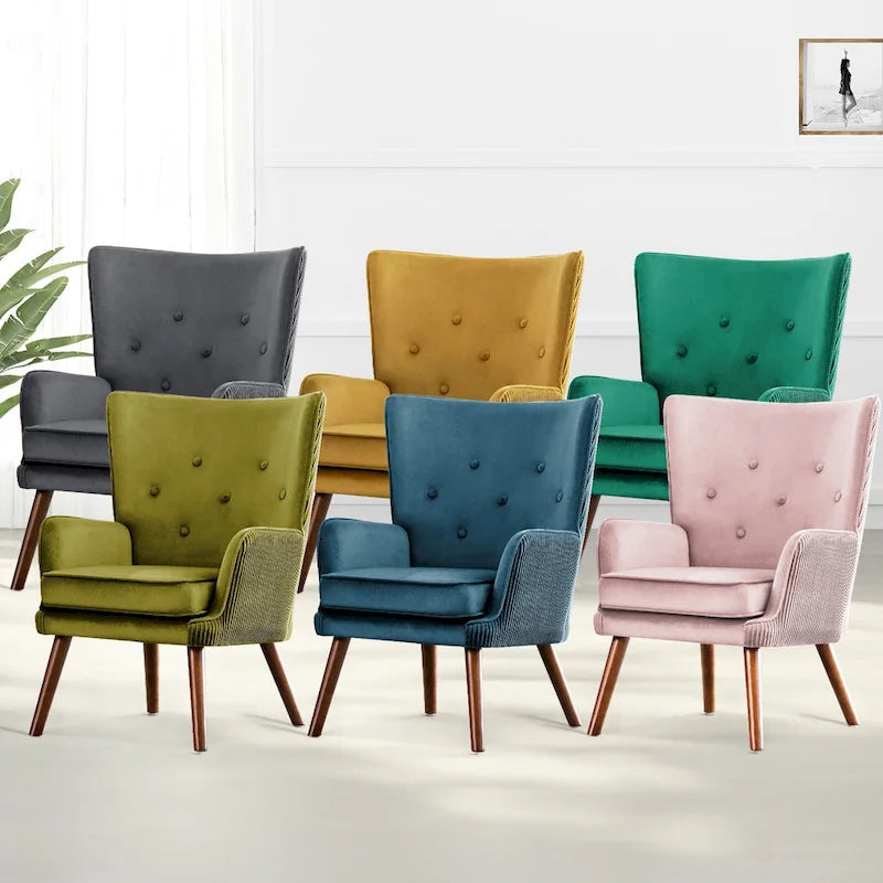 Velvet Wingback Button-Tufted Accent Armchair Upholstered with Steel Frame