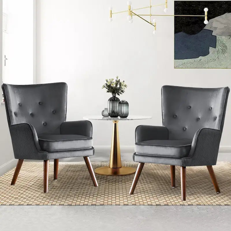 Velvet Wingback Button-Tufted Accent Armchair Upholstered with Steel Frame