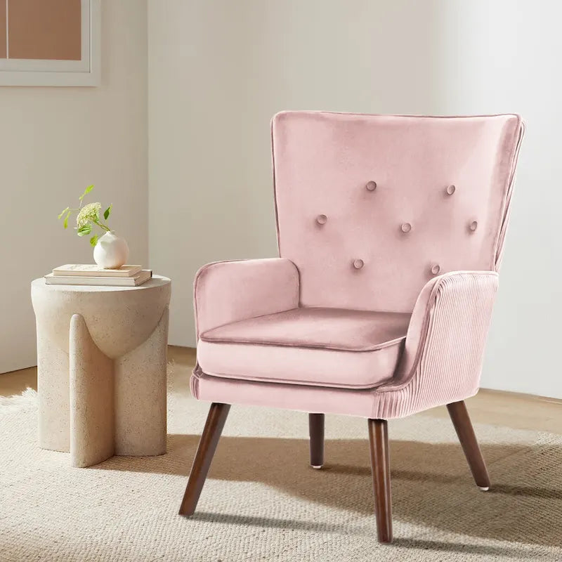 Velvet Wingback Button-Tufted Accent Armchair Upholstered with Steel Frame