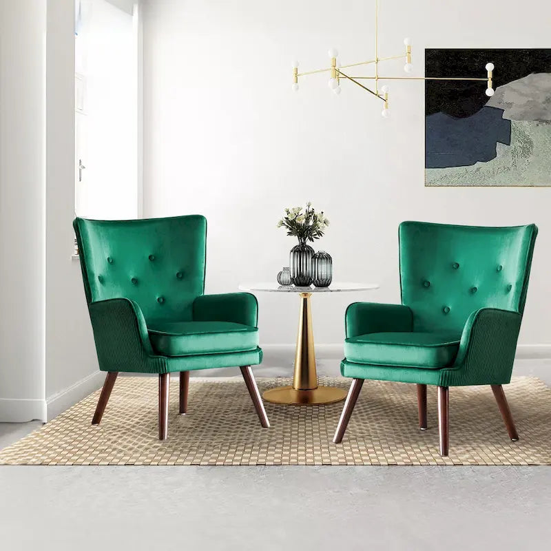 Velvet Wingback Button-Tufted Accent Armchair Upholstered with Steel Frame