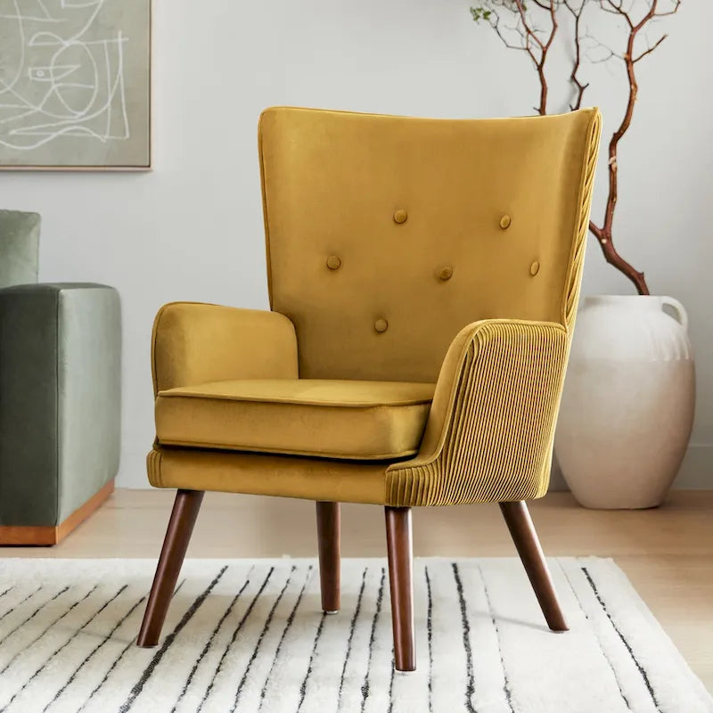 Velvet Wingback Button-Tufted Accent Armchair Upholstered with Steel Frame