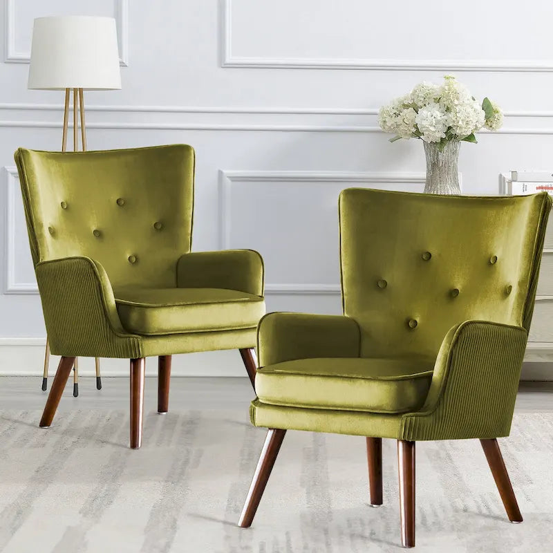Velvet Wingback Button-Tufted Accent Armchair Upholstered with Steel Frame