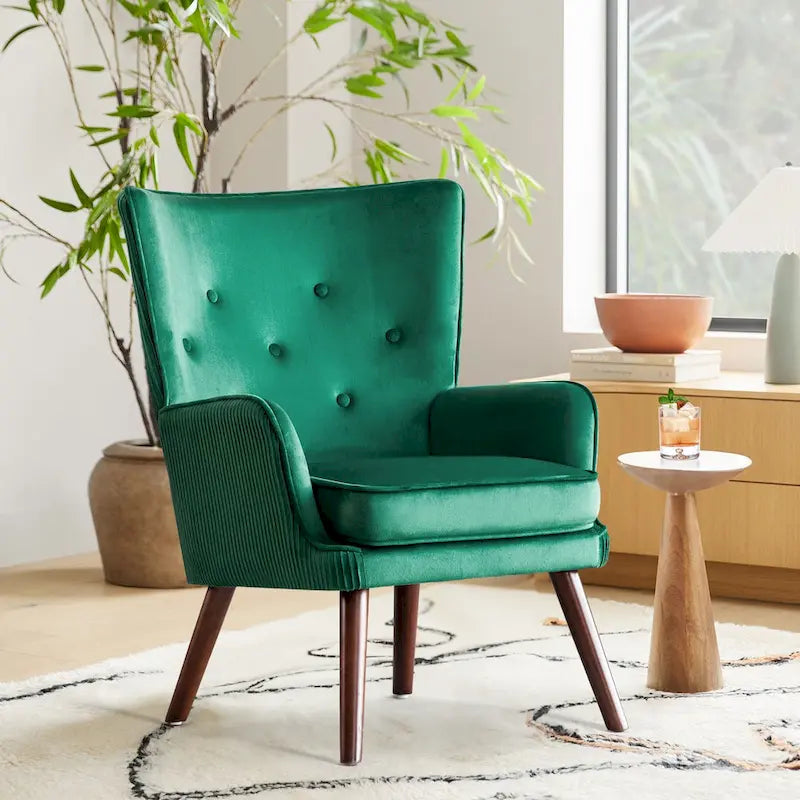 Velvet Wingback Button-Tufted Accent Armchair Upholstered with Steel Frame