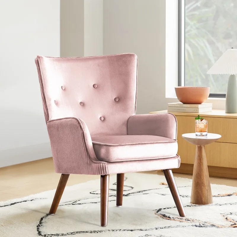 Velvet Wingback Button-Tufted Accent Armchair Upholstered with Steel Frame
