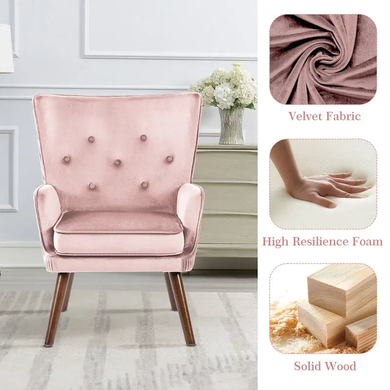 Velvet Wingback Button-Tufted Accent Armchair Upholstered with Steel Frame