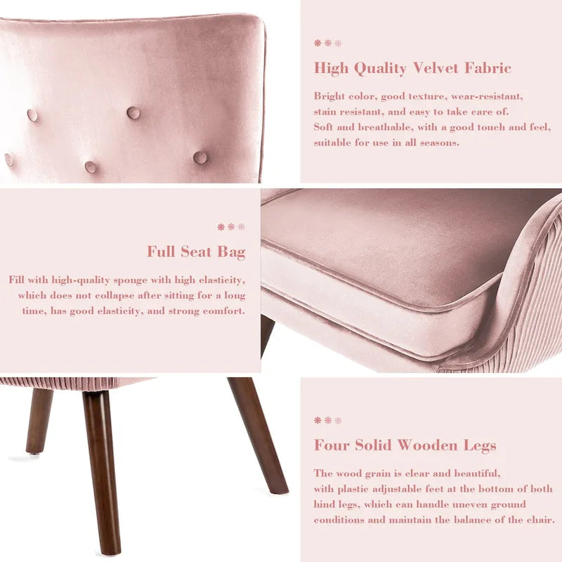 Velvet Wingback Button-Tufted Accent Armchair Upholstered with Steel Frame