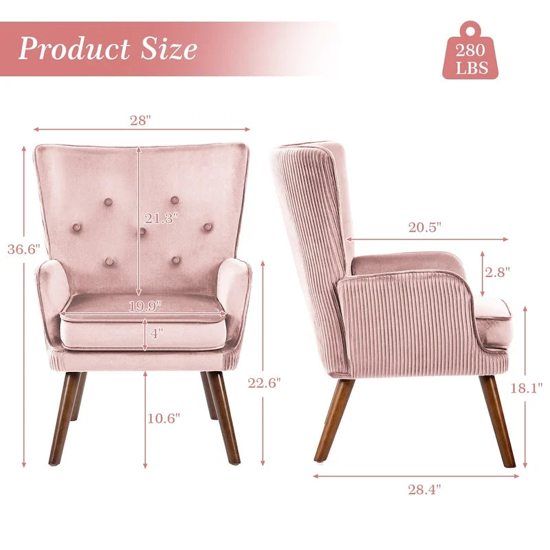 Velvet Wingback Button-Tufted Accent Armchair Upholstered with Steel Frame