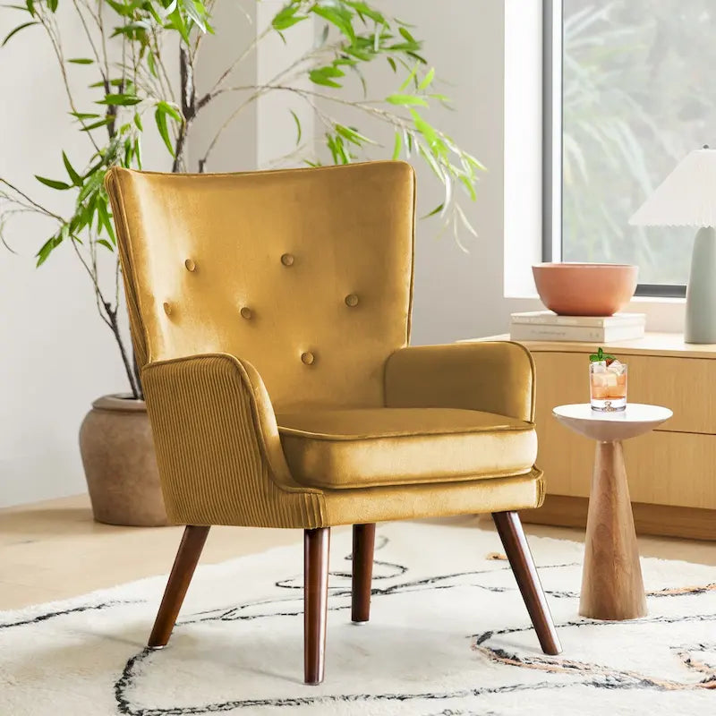 Velvet Wingback Button-Tufted Accent Armchair Upholstered with Steel Frame