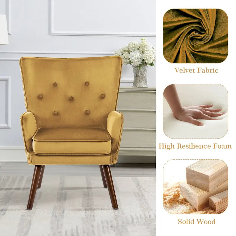 Velvet Wingback Button-Tufted Accent Armchair Upholstered with Steel Frame